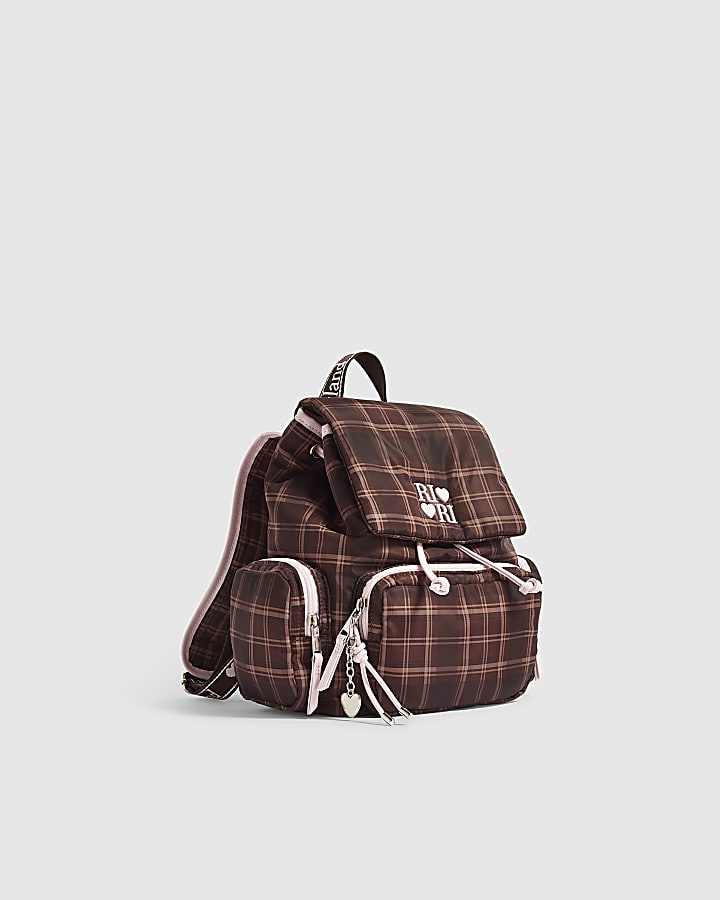 Girls Brown Check Backpack With Charms