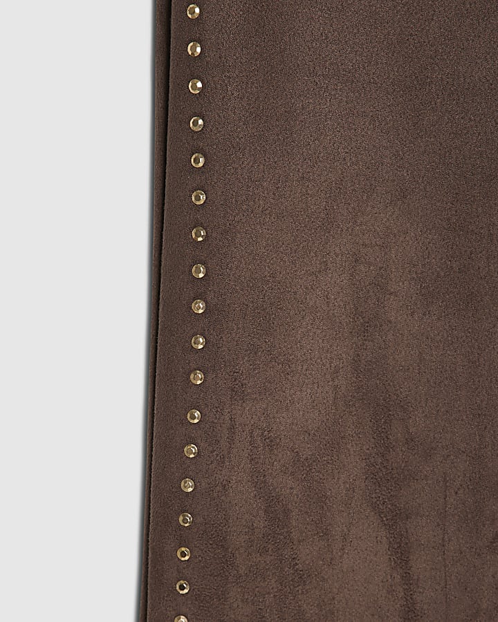Girls Brown Faux Suede Stud Flare Trousers