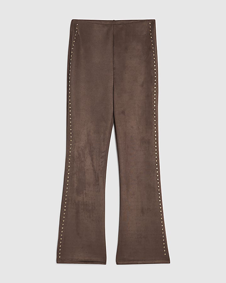 Girls Brown Faux Suede Stud Flare Trousers