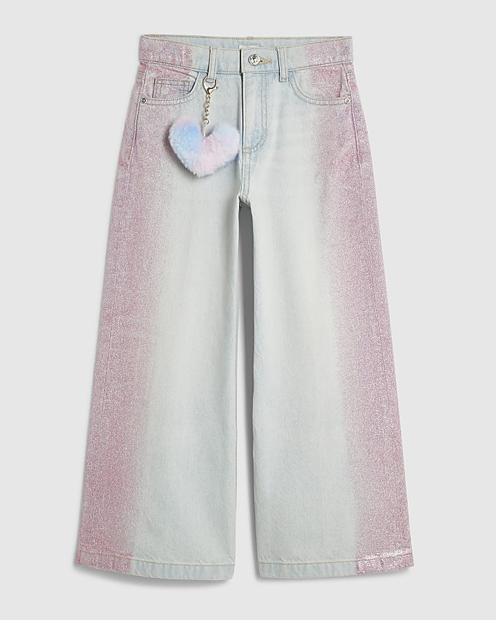 Girls Blue Glitter Side Wide Leg Jeans