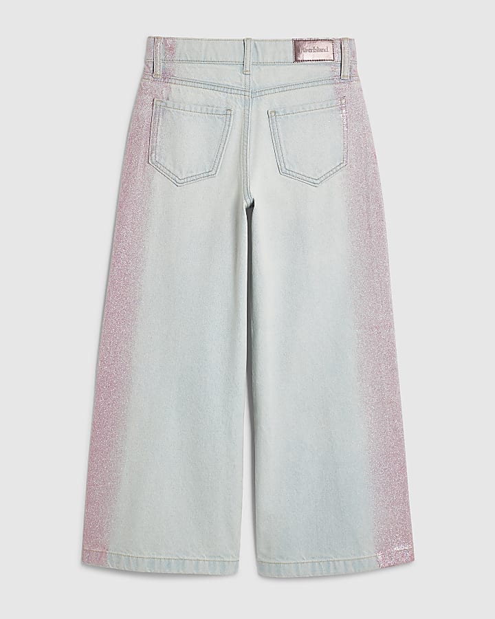Girls Blue Glitter Side Wide Leg Jeans