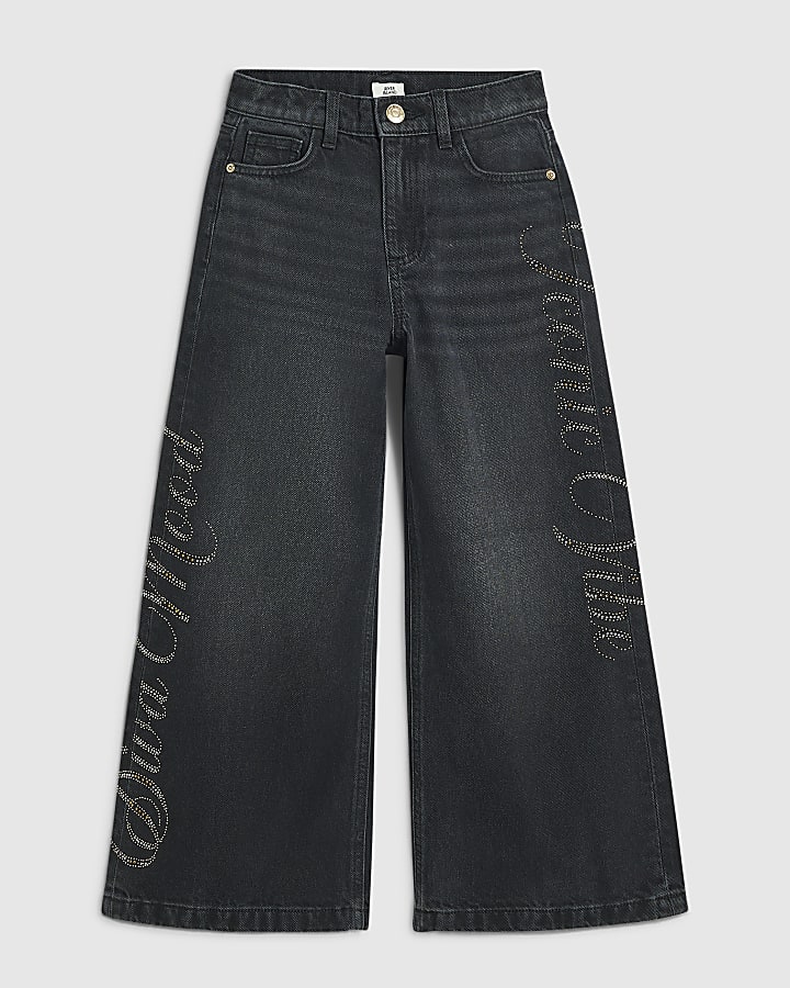 Girls Black Iconic Side Wide Leg Jeans