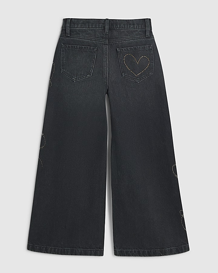 Girls Black Iconic Side Wide Leg Jeans