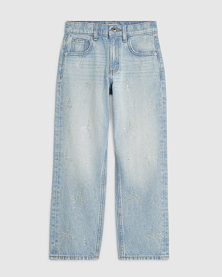 Girls Blue Mid Rise Droplet Straight Jeans