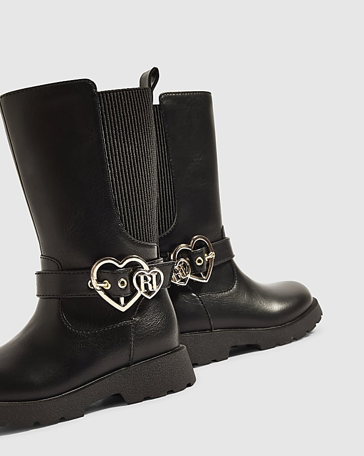 Mini Girls Black Knee High Heart Boots