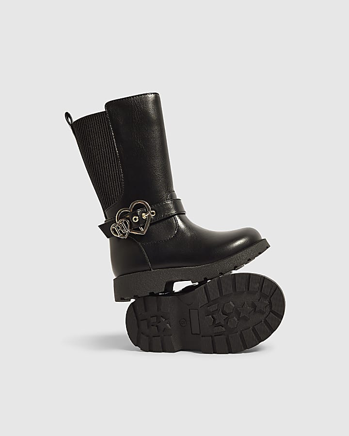 Mini Girls Black Knee High Heart Boots