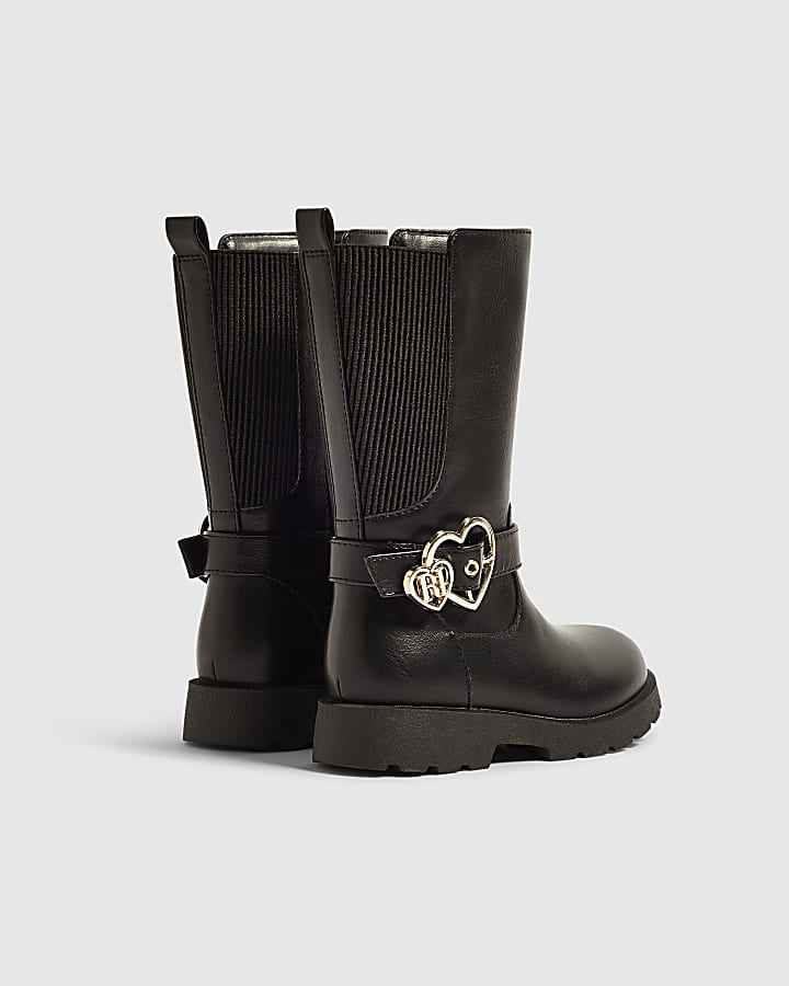 Mini Girls Black Knee High Heart Boots