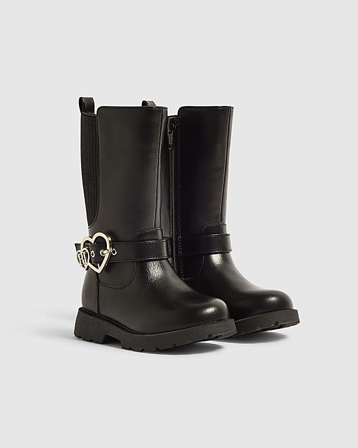 Mini Girls Black Knee High Heart Boots