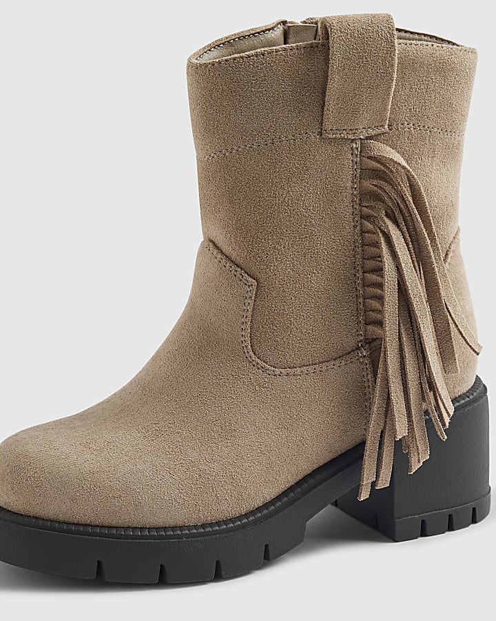 Girls Brown Faux Suede Tassel Western Boots