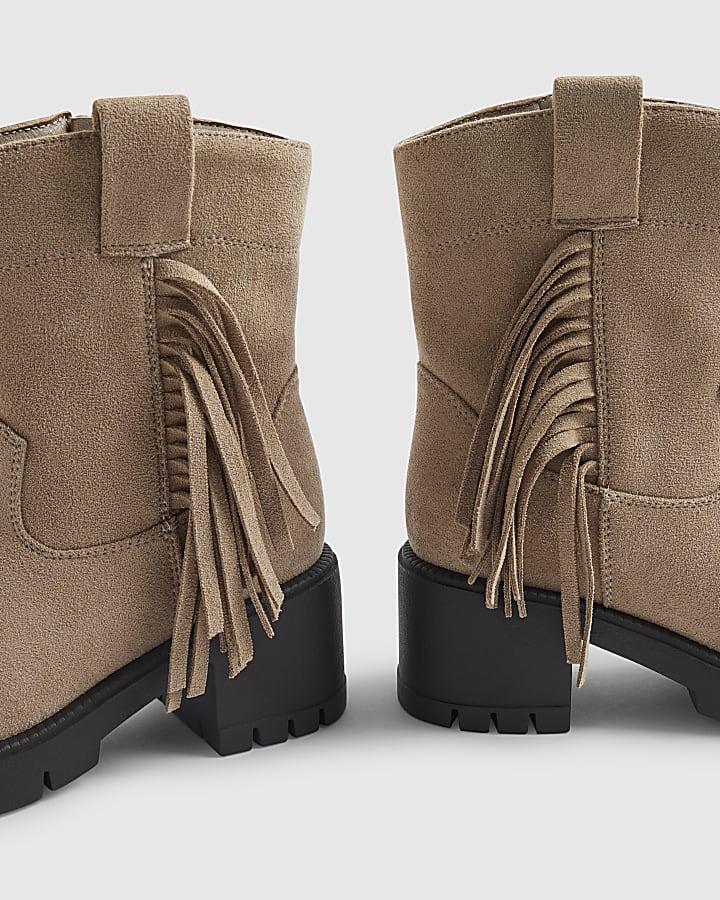 Girls Brown Faux Suede Tassel Western Boots