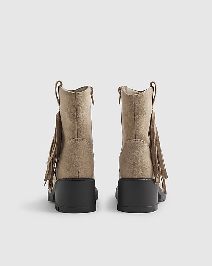 Girls Brown Faux Suede Tassel Western Boots
