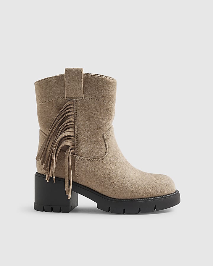 Girls Brown Faux Suede Tassel Western Boots