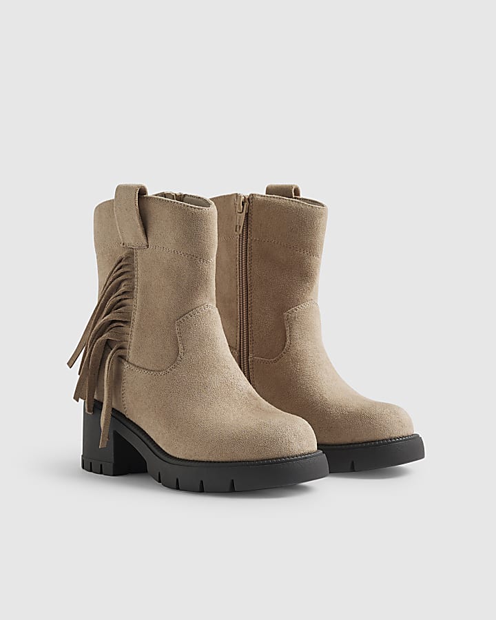 Girls Brown Faux Suede Tassel Western Boots