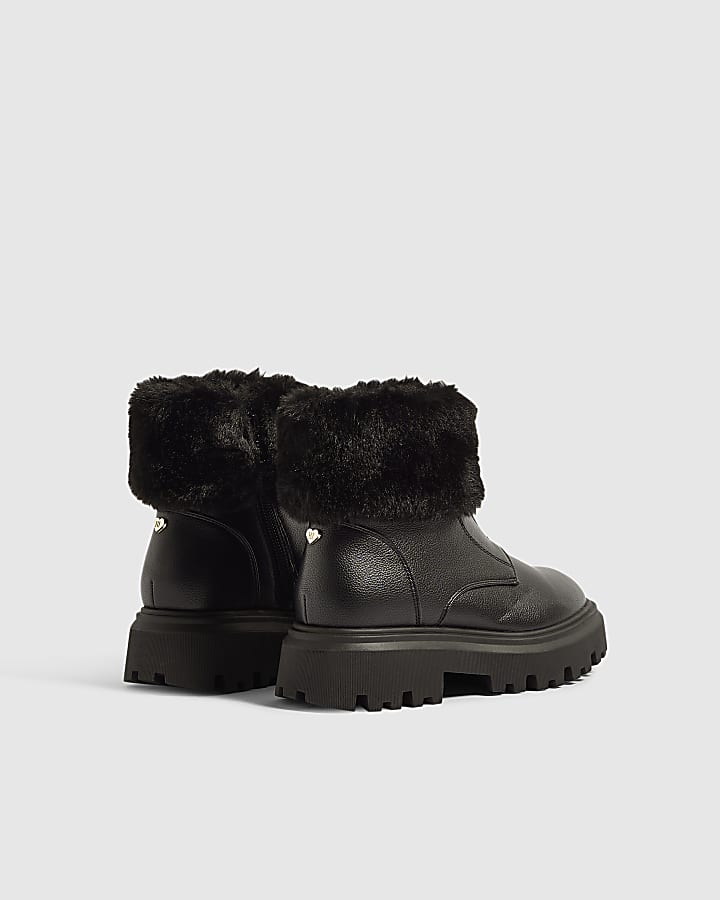 Girls Black Fur Cuff Zip Front Boots