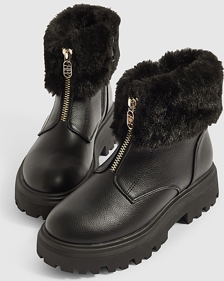 Girls Black Fur Cuff Zip Front Boots