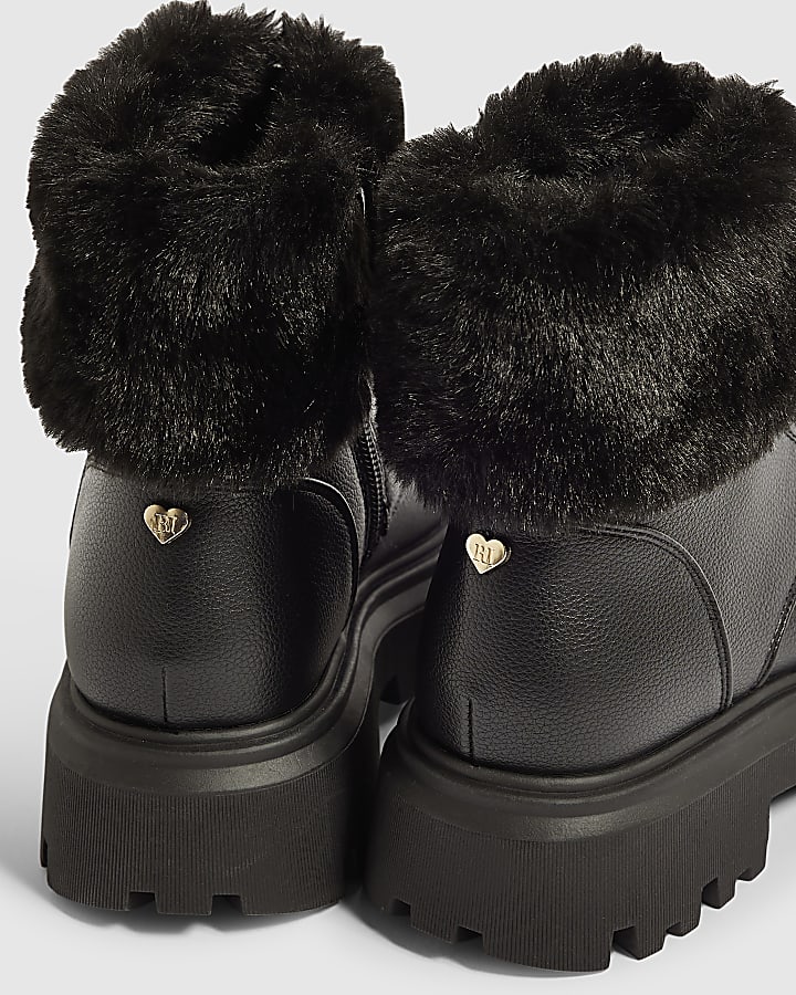 Girls Black Fur Cuff Zip Front Boots