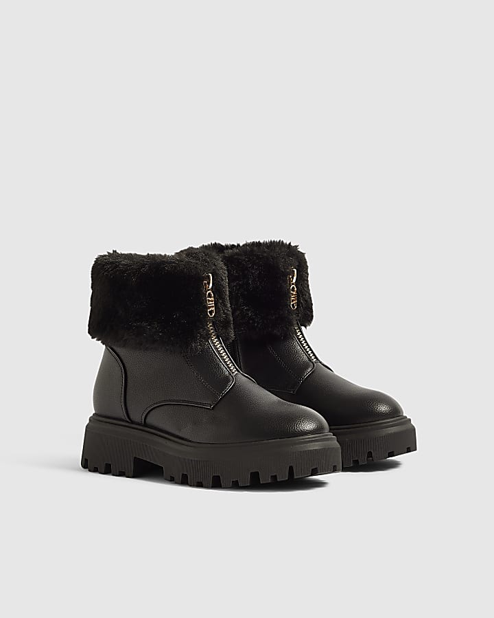 Girls Black Fur Cuff Zip Front Boots