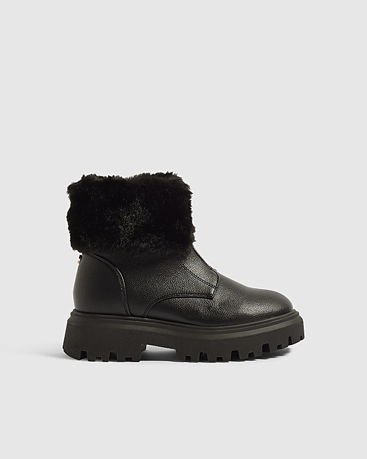 Girls Black Fur Cuff Zip Front Boots