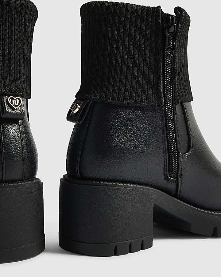 Girls Black Rib Cuff Heeled Boots