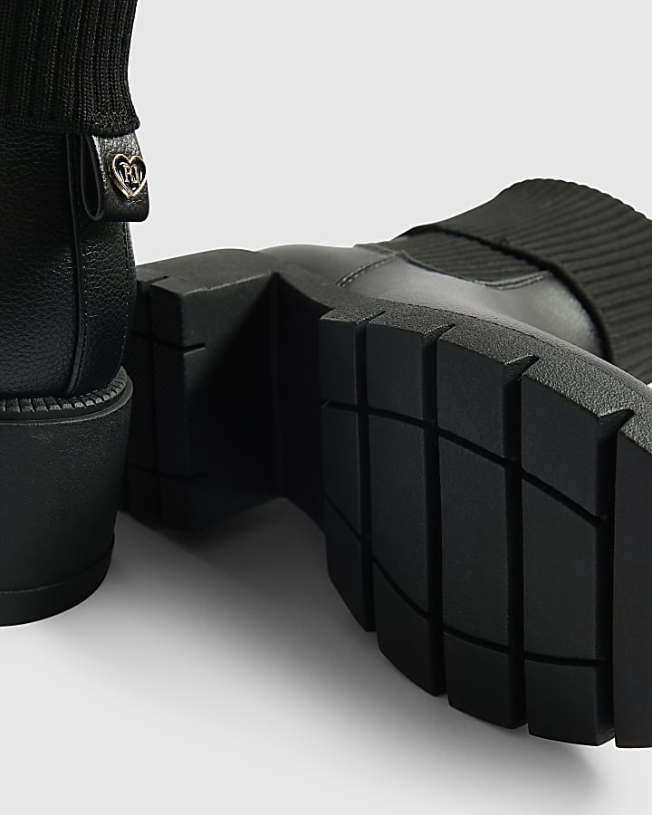 Girls Black Rib Cuff Heeled Boots
