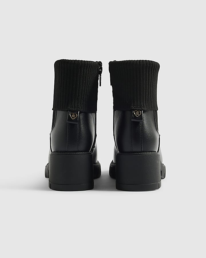 Girls Black Rib Cuff Heeled Boots
