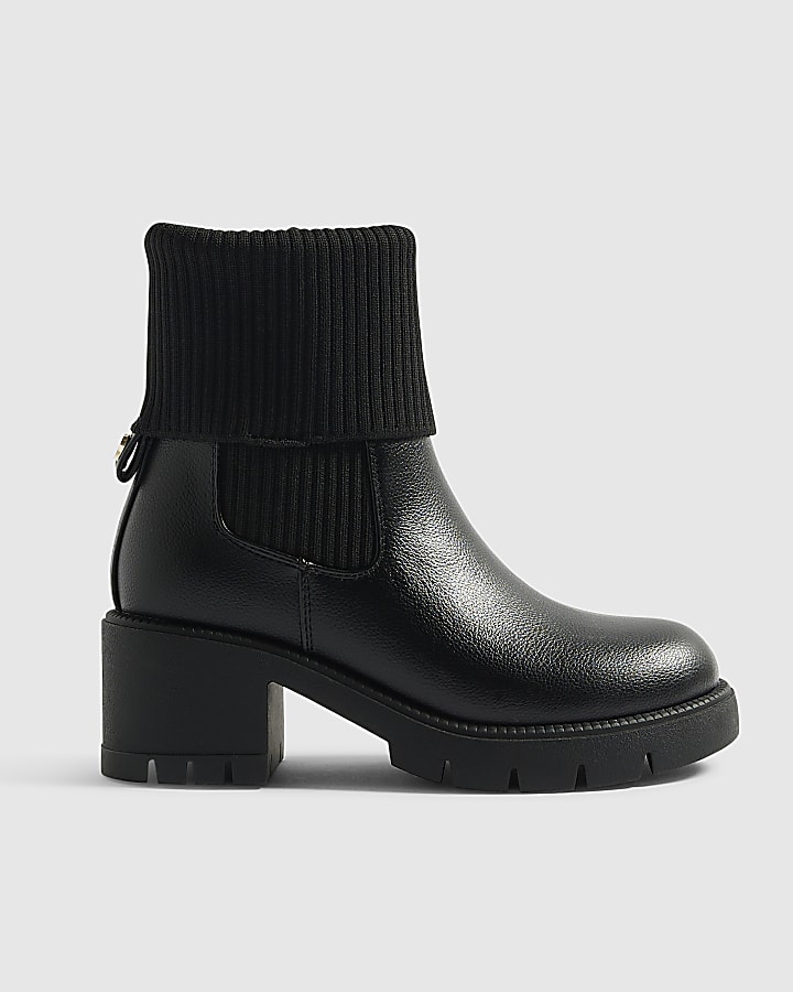 Girls Black Rib Cuff Heeled Boots