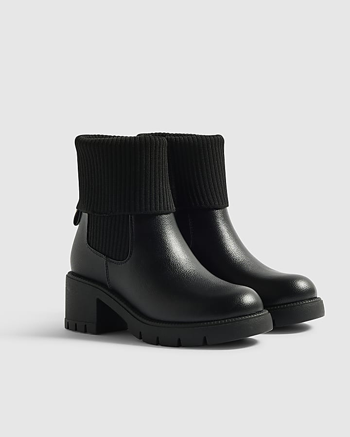 Girls Black Rib Cuff Heeled Boots