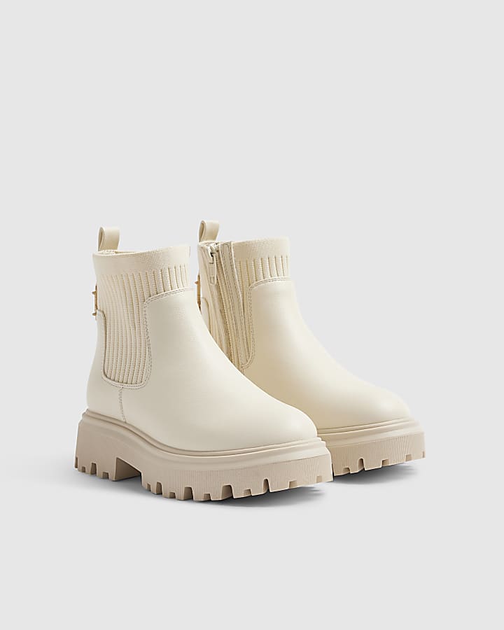 Girls Cream Ribbed Boots