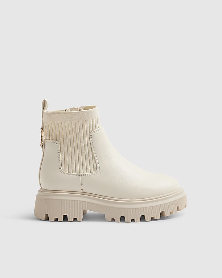 Girls Cream Ribbed Boots