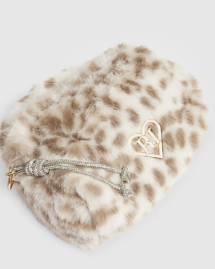 Girls Cream Leopard Faux Fur Crossbody Bag