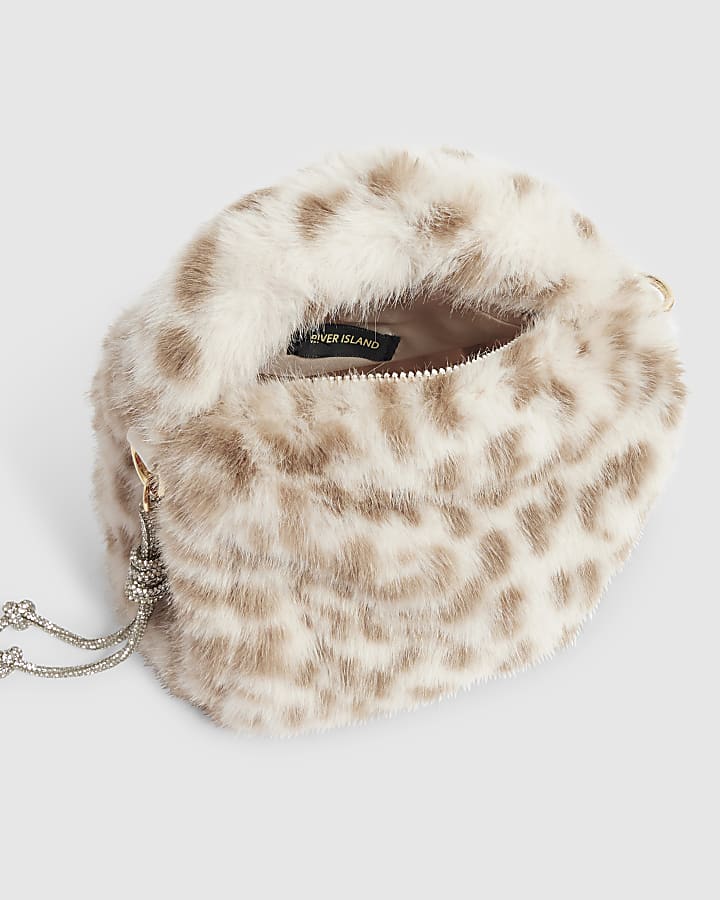 Girls Cream Leopard Faux Fur Crossbody Bag