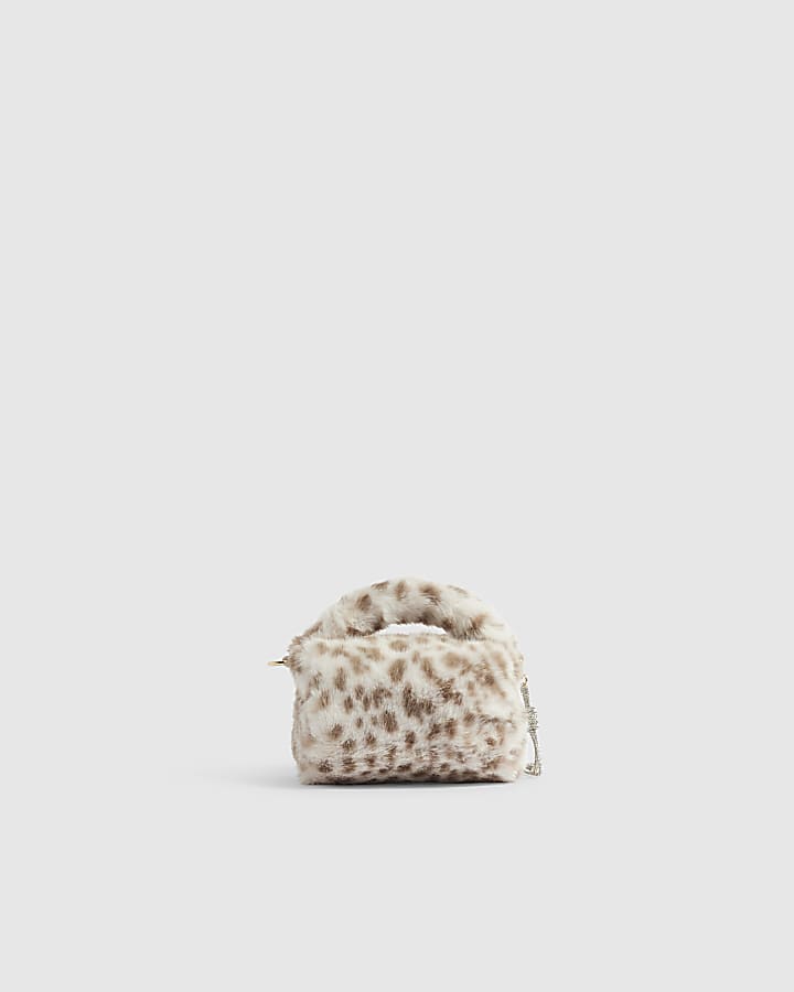 Girls Cream Leopard Faux Fur Crossbody Bag