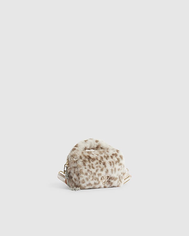 Girls Cream Leopard Faux Fur Crossbody Bag