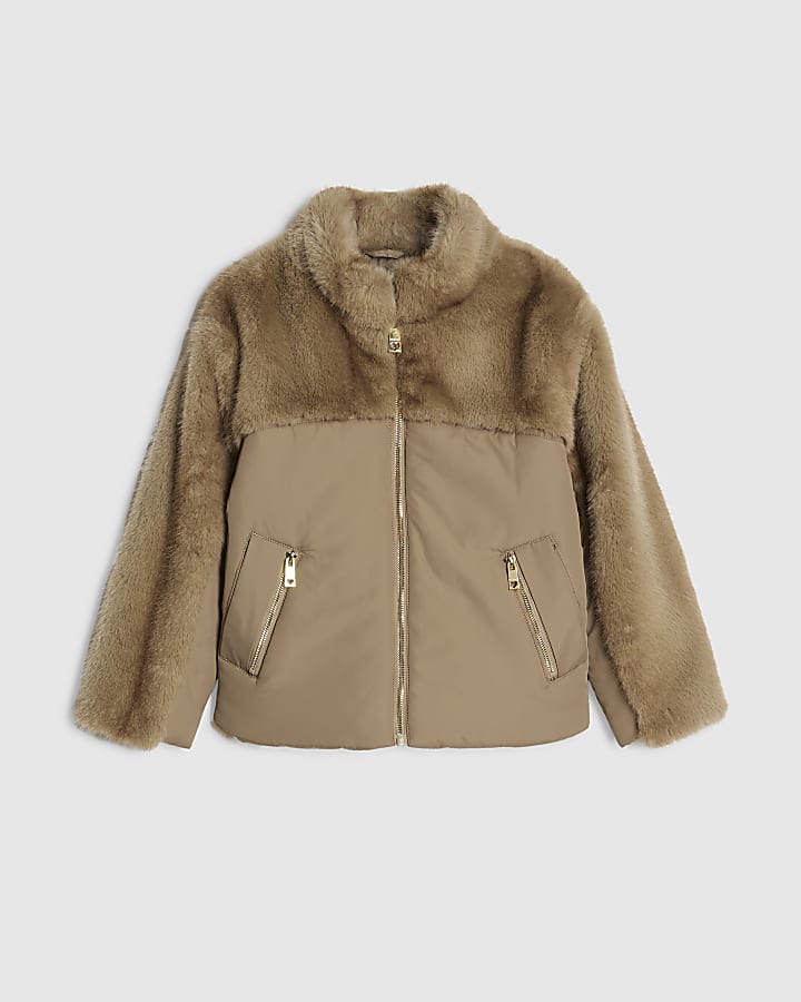 Girls Brown Faux Fur Panel Padded Coat