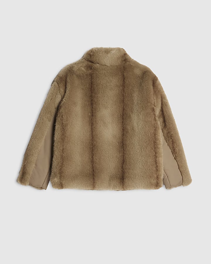 Girls Brown Faux Fur Panel Padded Coat
