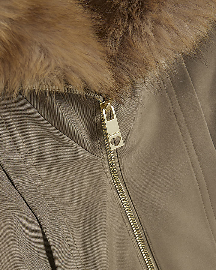 Girls Khaki Faux Fur Collar Bomber Jacket