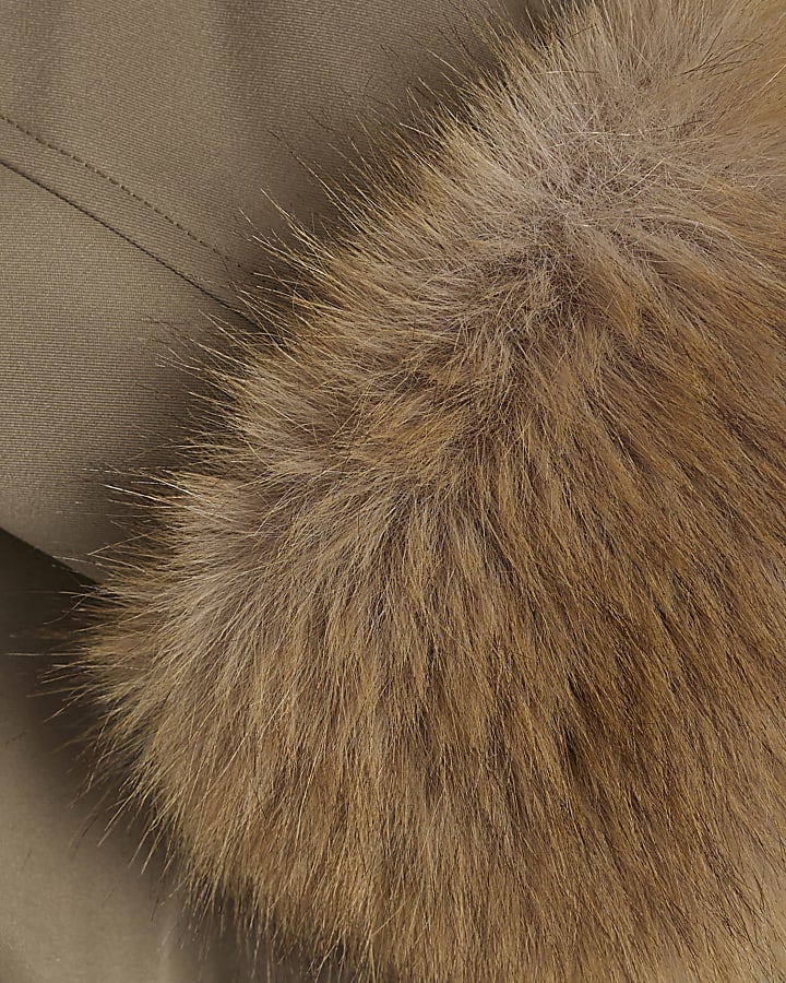 Girls Khaki Faux Fur Collar Bomber Jacket