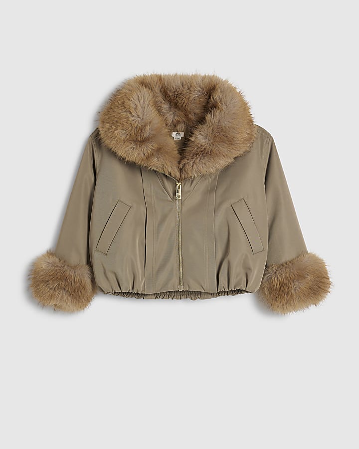Girls Khaki Faux Fur Collar Bomber Jacket