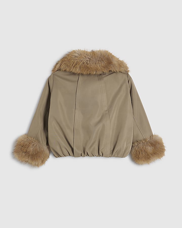 Girls Khaki Faux Fur Collar Bomber Jacket
