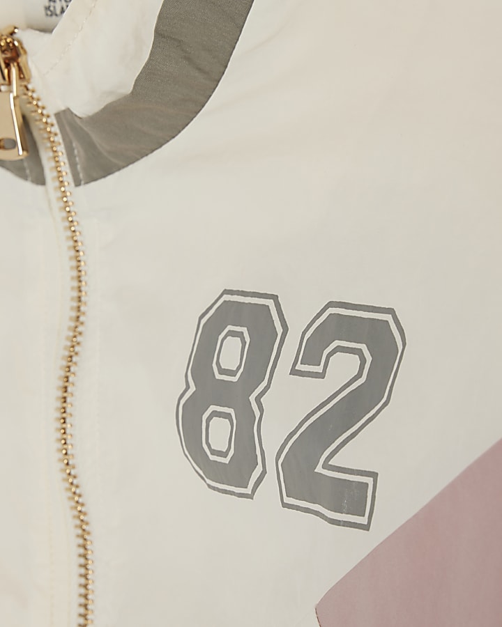 Girls Cream Colour Block Funnel Bomber Jacket