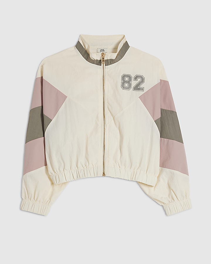 Girls Cream Colour Block Funnel Bomber Jacket