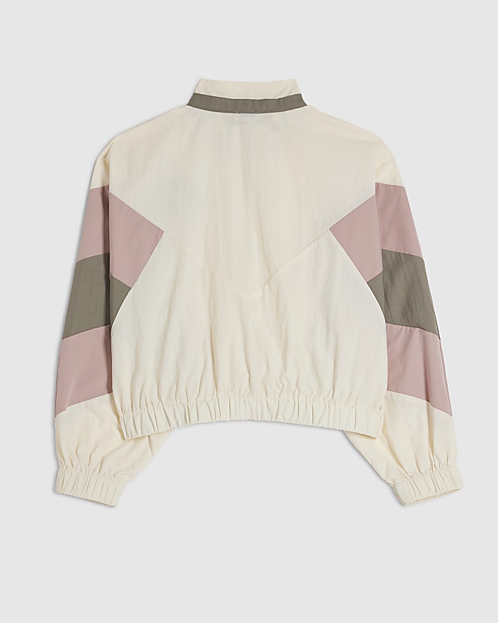 Girls Cream Colour Block Funnel Bomber Jacket