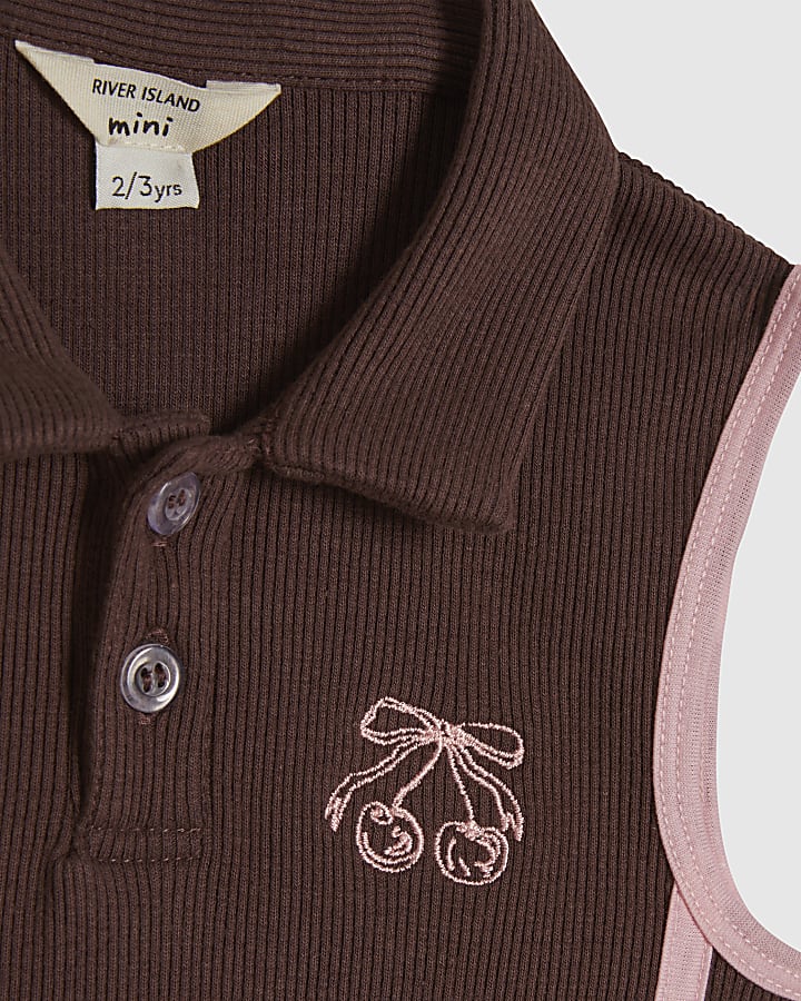 Mini Girls Brown Ribbed Polo Dress