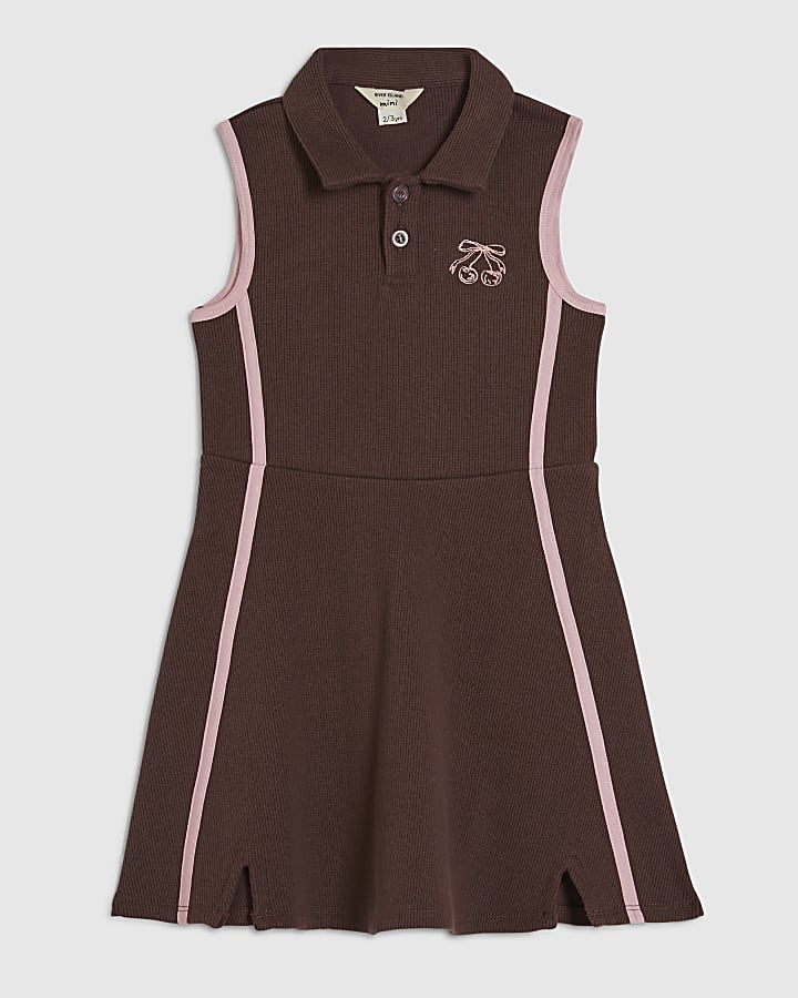Mini Girls Brown Ribbed Polo Dress