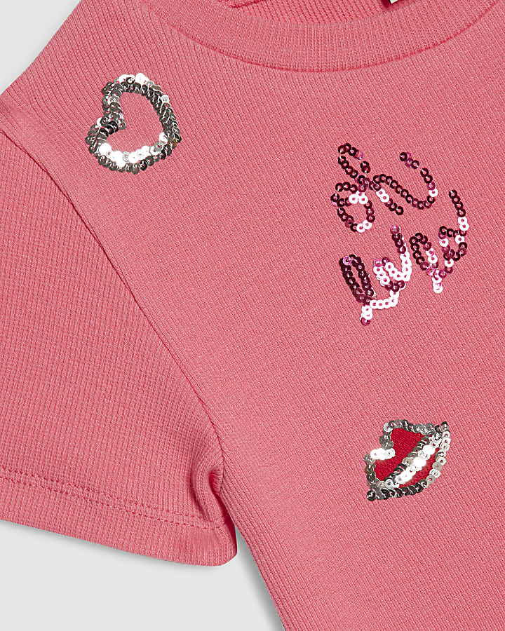 Girls Pink Sequin Embroidered T-Shirt