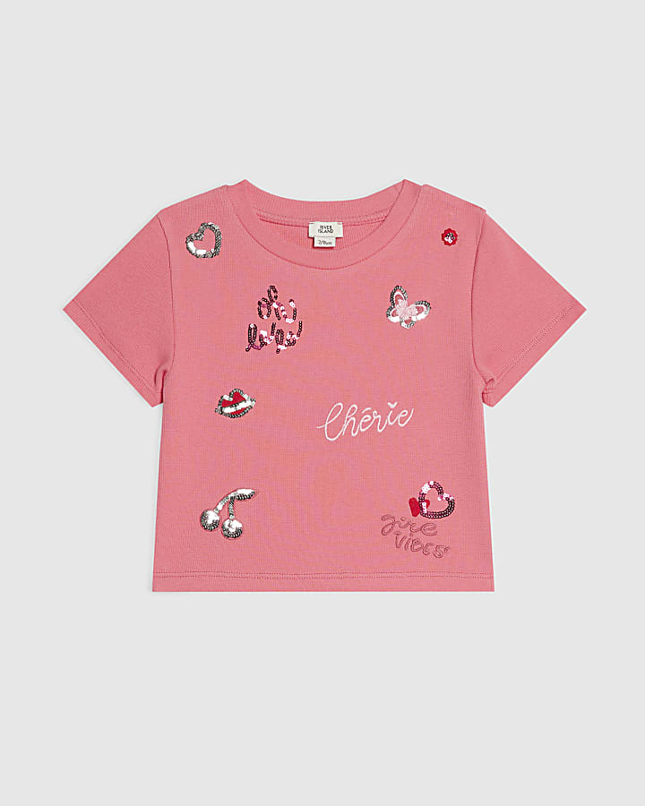 Girls Pink Sequin Embroidered T-Shirt