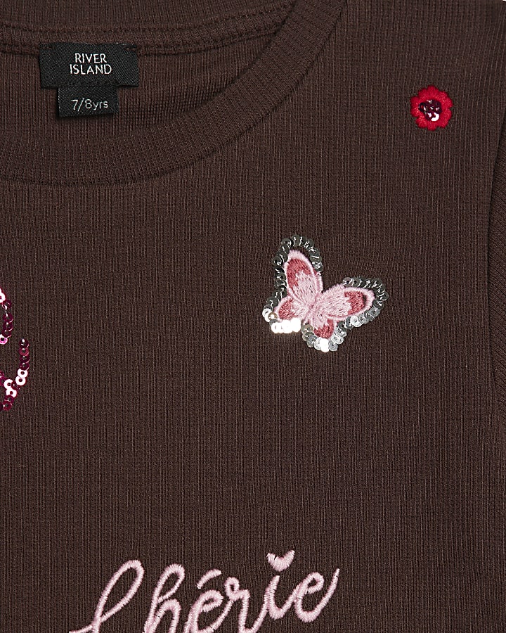 Girls Brown Sequin Embroidered T-Shirt