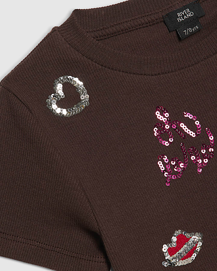 Girls Brown Sequin Embroidered T-Shirt