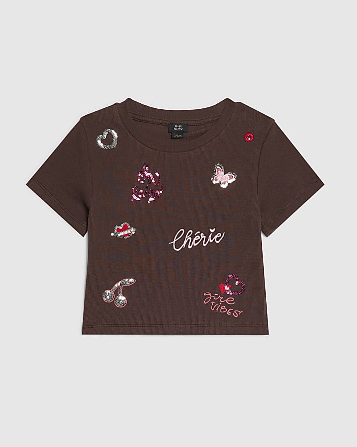 Girls Brown Sequin Embroidered T-Shirt