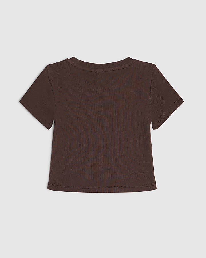 Girls Brown Sequin Embroidered T-Shirt
